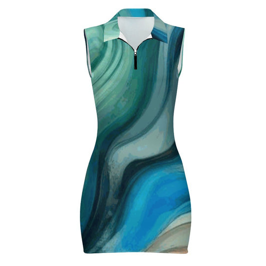 Rachel Michelle Ocean Abstract Polo Sleeveless Polo Zip Up Dress