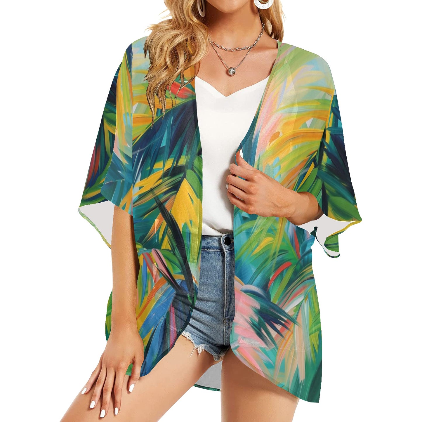 Rachel Michelle Women's Abstract Palms Chiffon Kimono Cover Up