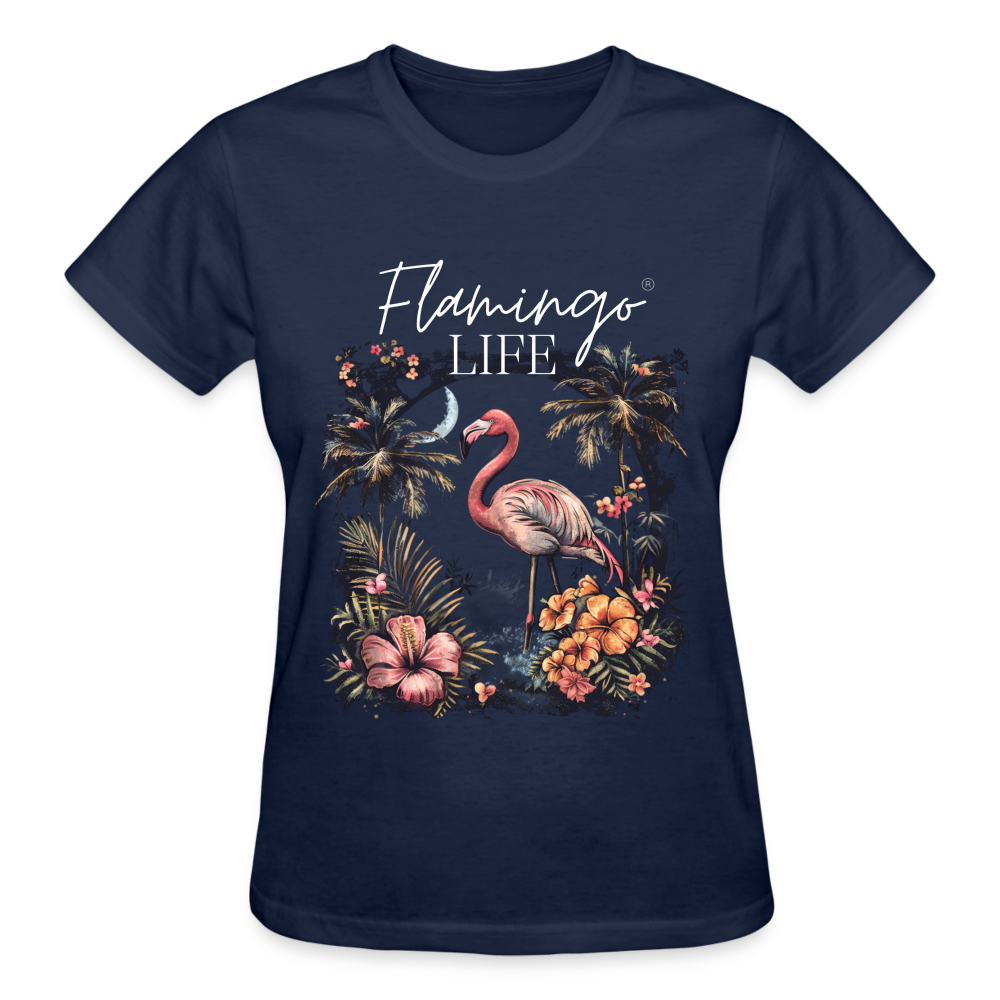 Flamingo Life® Floral Ladies T-Shirt - navy