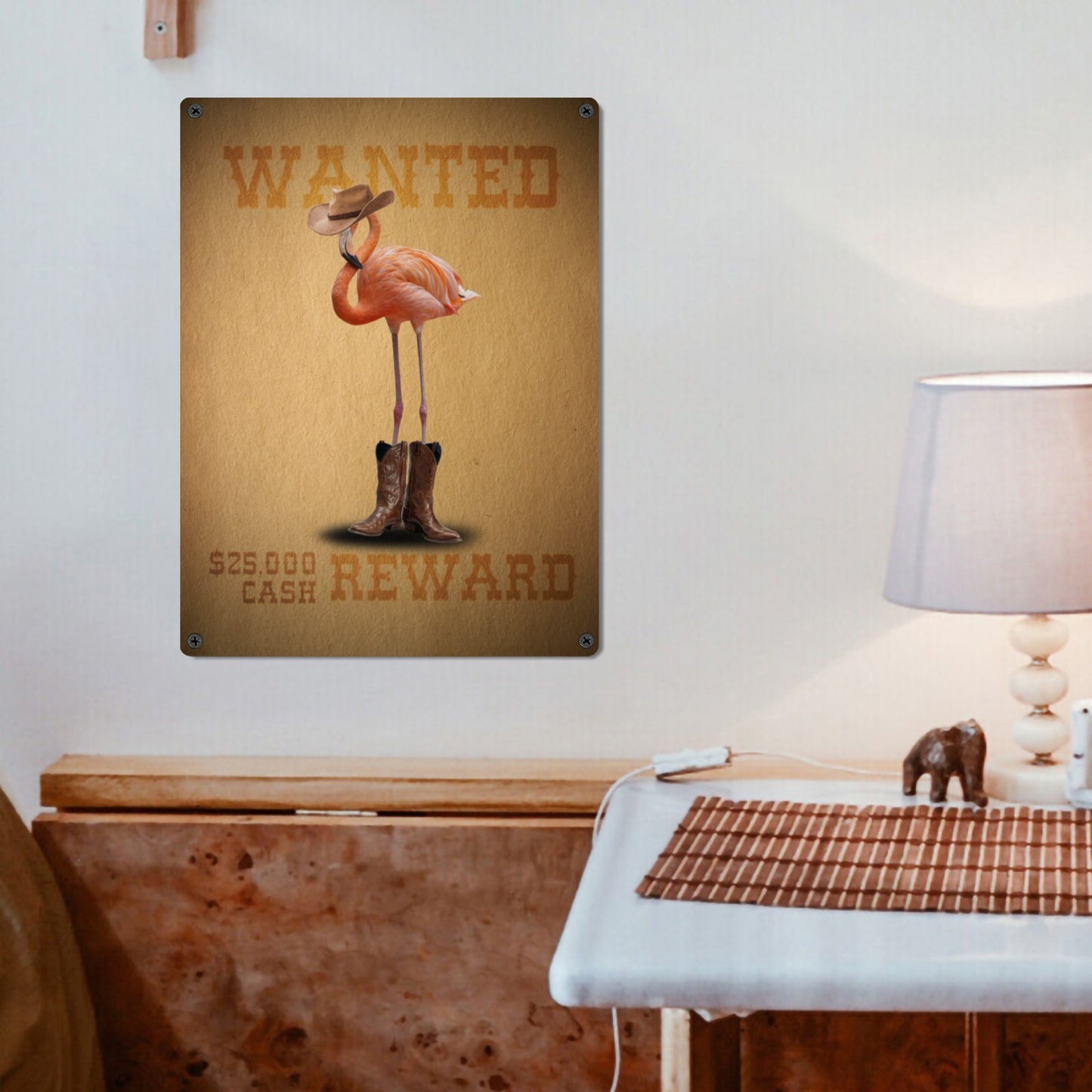 Flamingo Cowboy Wanted Poster Metal Sign