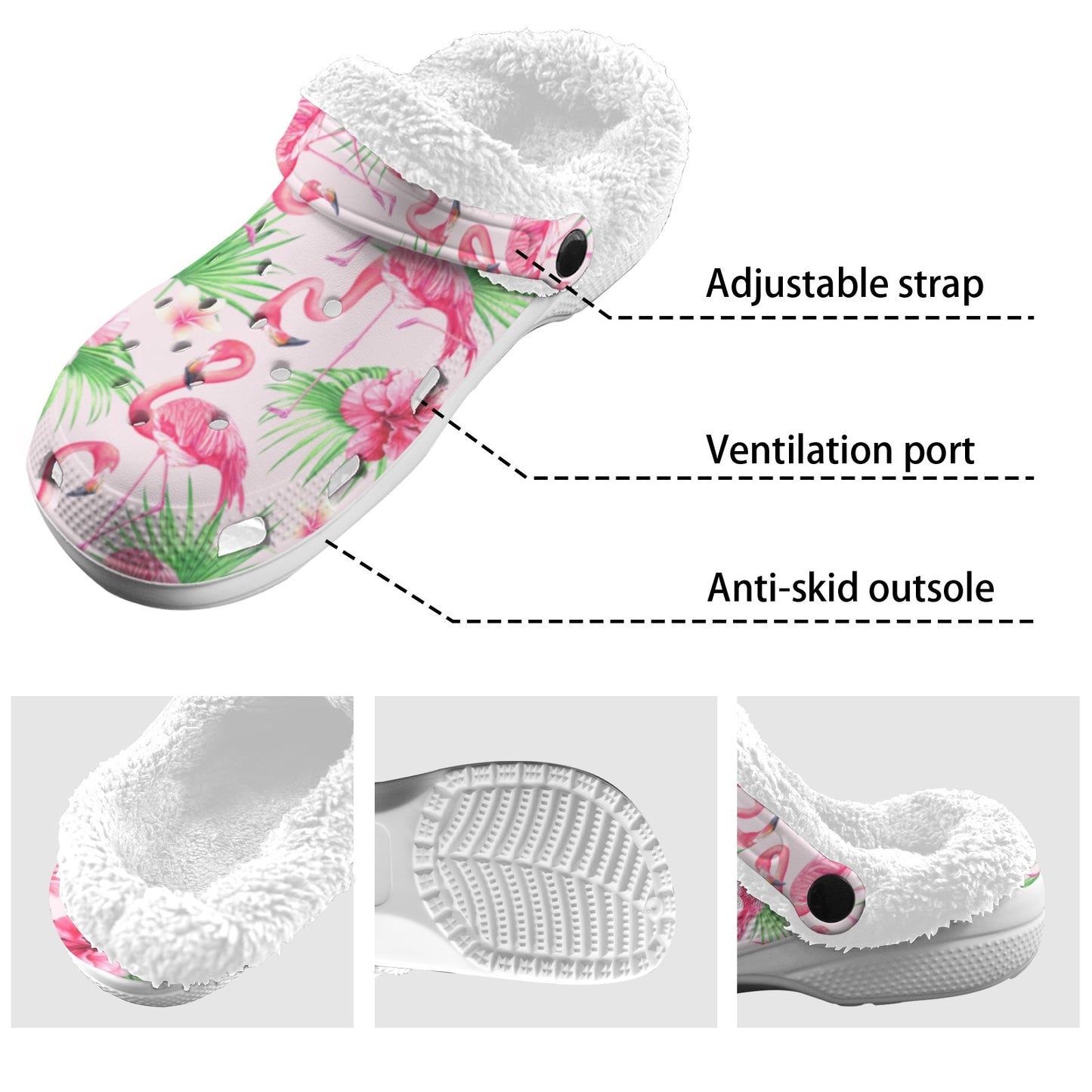 Pretty Pink Flamingos Print Fleece Lined Adult Clogs