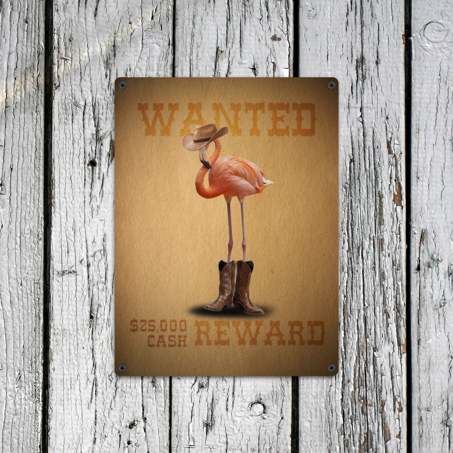 Flamingo Cowboy Wanted Poster Metal Sign