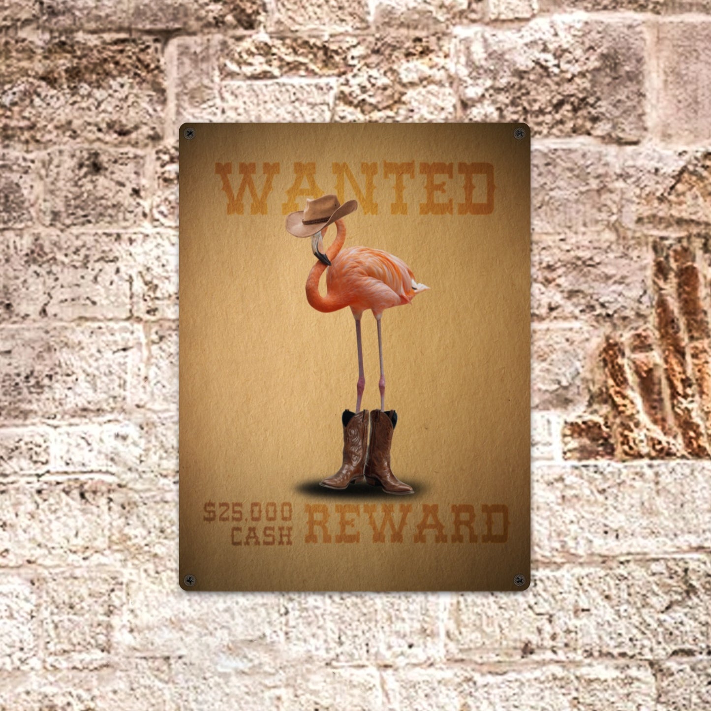 Flamingo Cowboy Wanted Poster Metal Sign