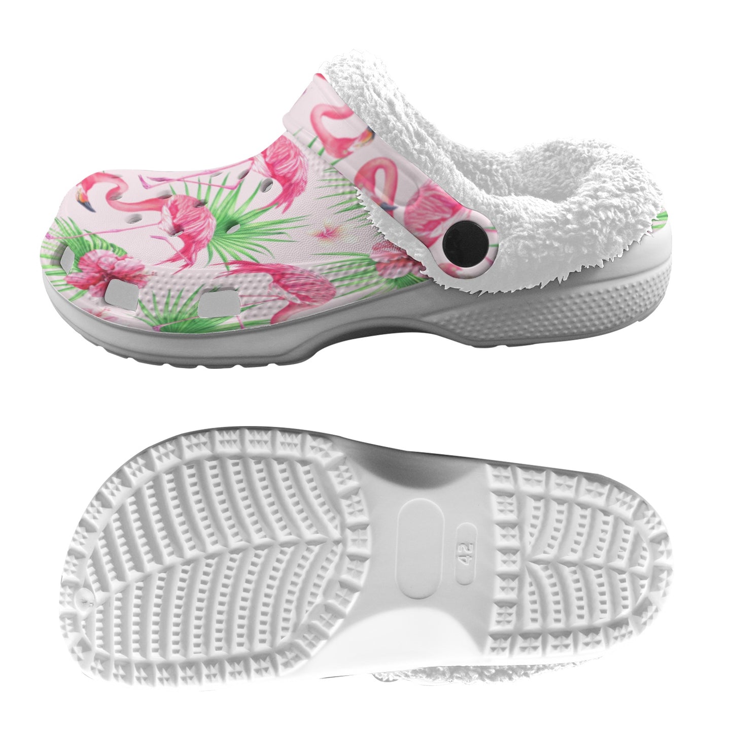 Pretty Pink Flamingos Print Fleece Lined Adult Clogs