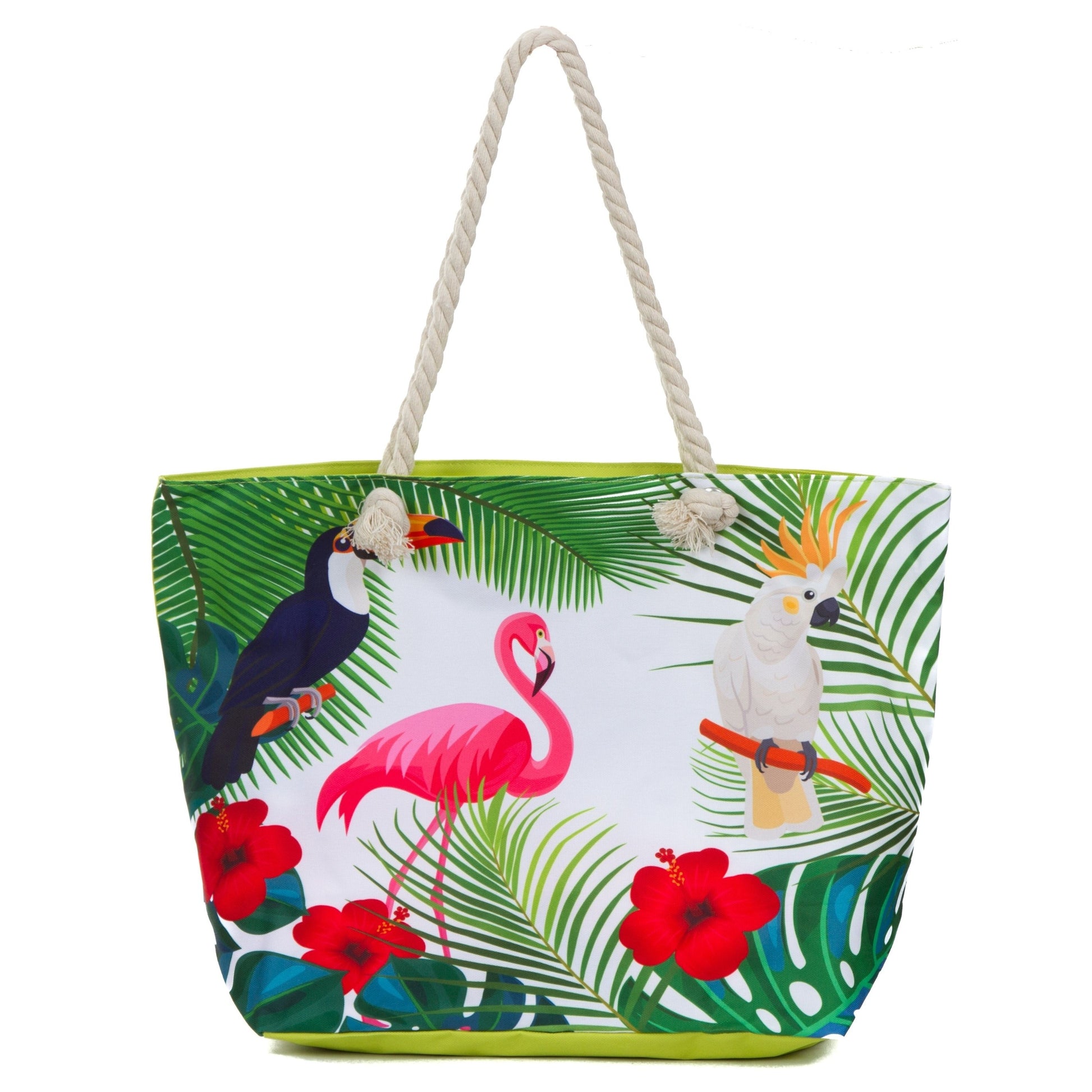 Large Beach Bag Tote, Water Resistant Canvas Tote, Tropical Birds - The Flamingo Shop