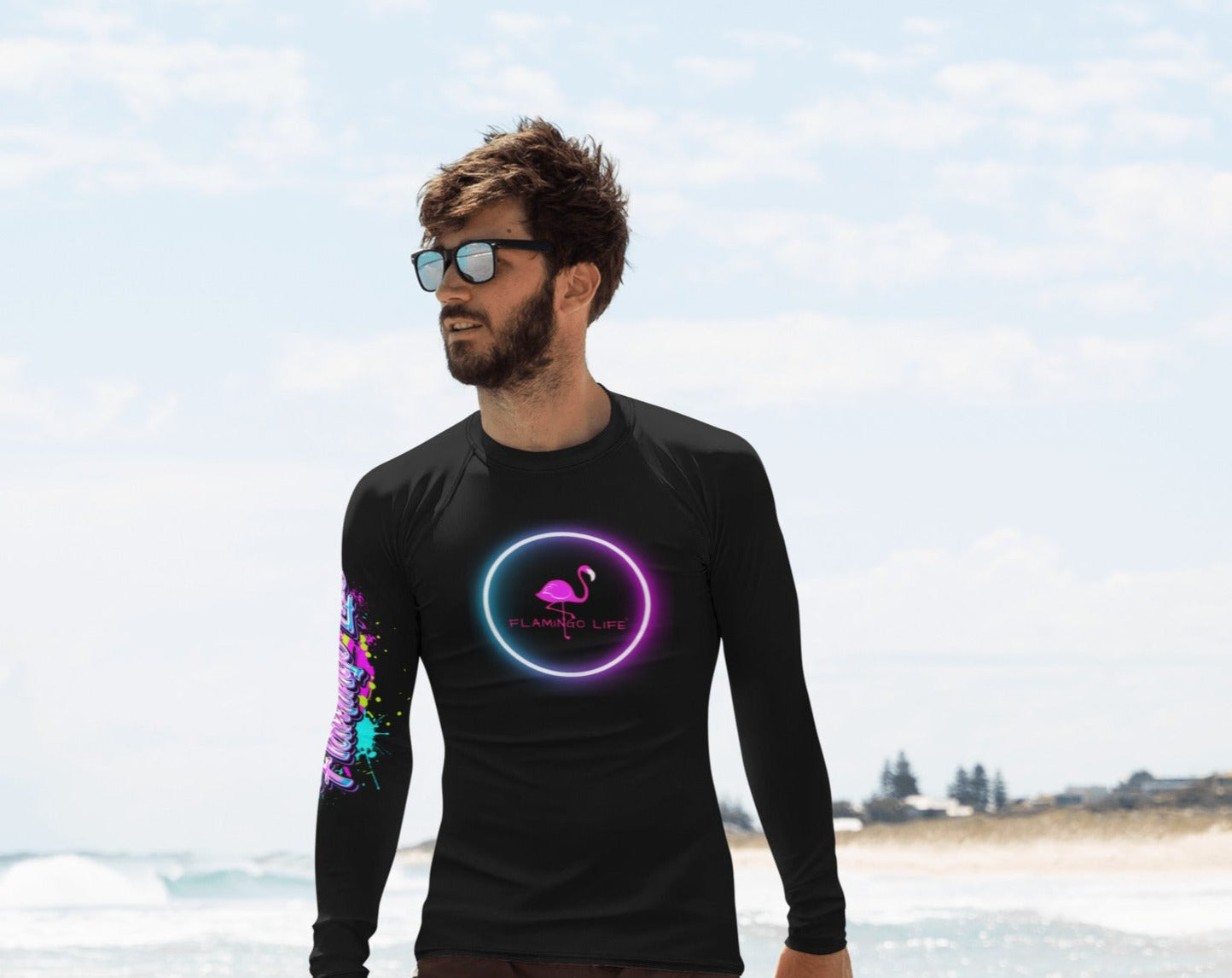 Flamingo Life® Neon Men's Rash Guard Swim Shirt