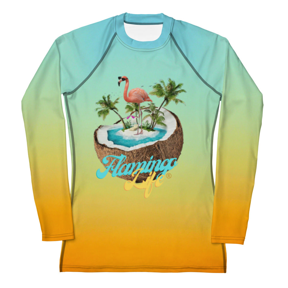 Flamingo Life® Flamingo in a Coconut Women's Swim Rash Guard