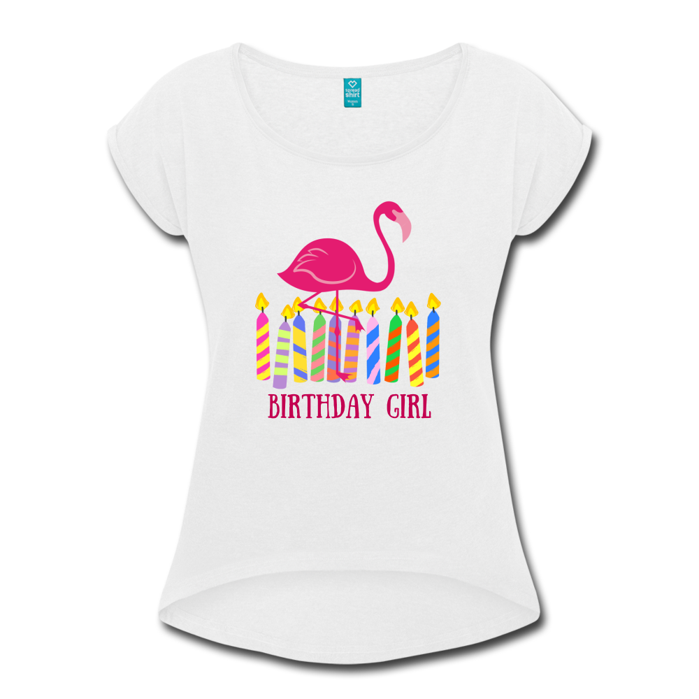 Birthday Girl Flamingo Rolled Cuff Womens Tee - Multiple Colors - The Flamingo Shop