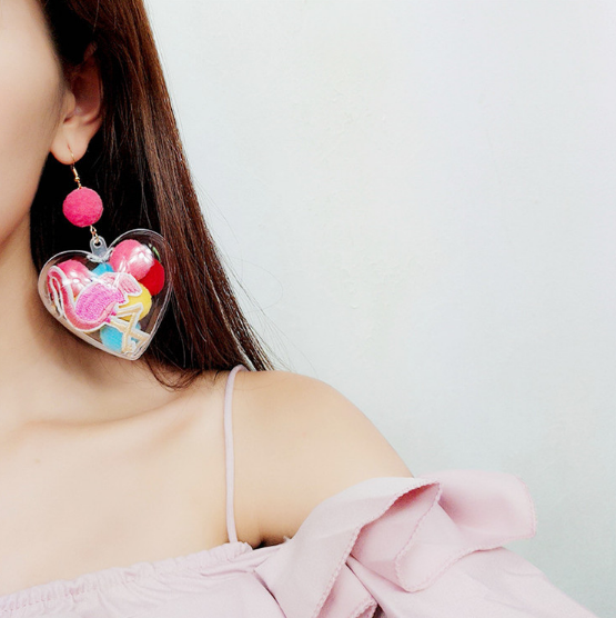 Flamingo Colorful Plush Ball Heart Shaped Charm Big Drop Earrings - The Flamingo Shop