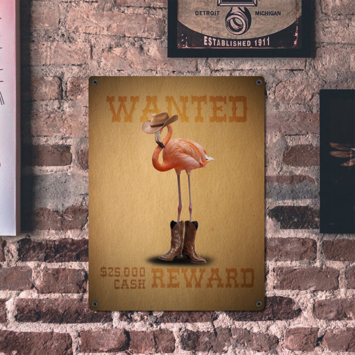 Flamingo Cowboy Wanted Poster Metal Sign