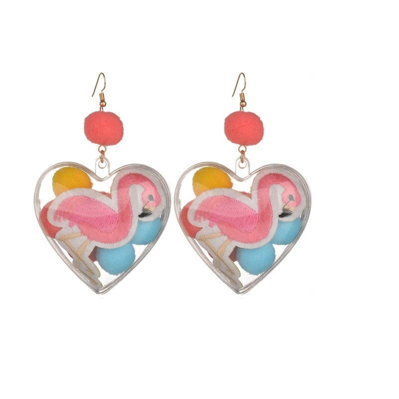 Flamingo Colorful Plush Ball Heart Shaped Charm Big Drop Earrings - The Flamingo Shop