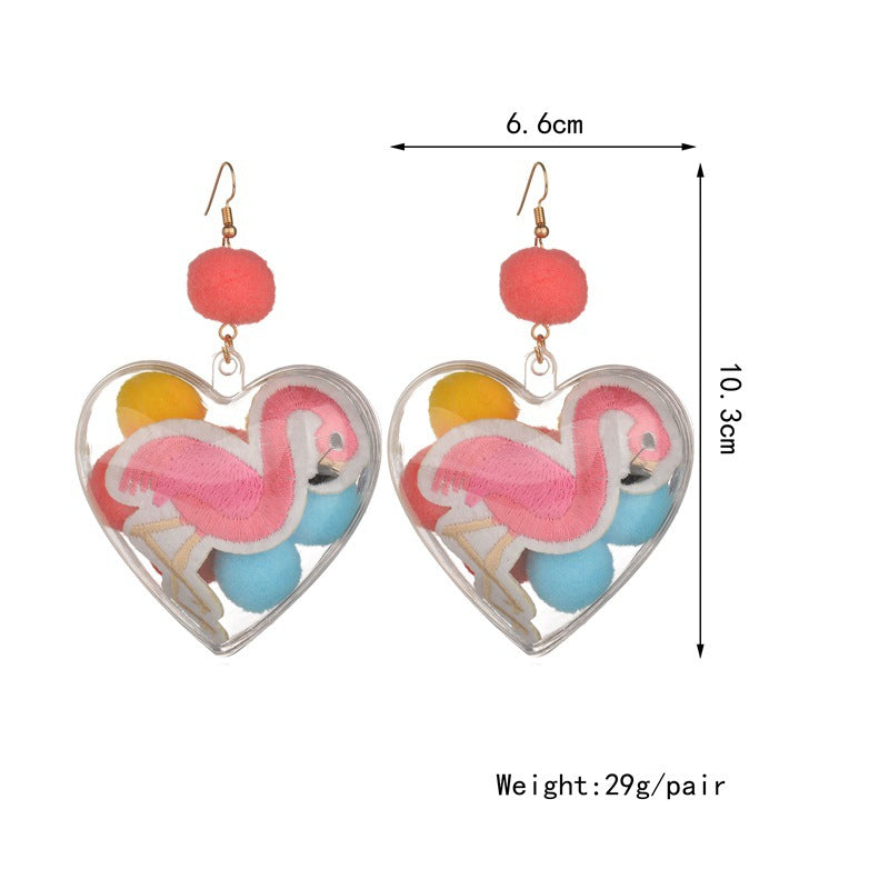 Flamingo Colorful Plush Ball Heart Shaped Charm Big Drop Earrings - The Flamingo Shop