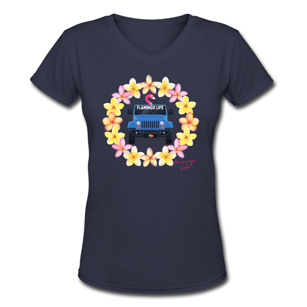 Flamingo Life® Jeep Women's V-Neck T-Shirt - navy