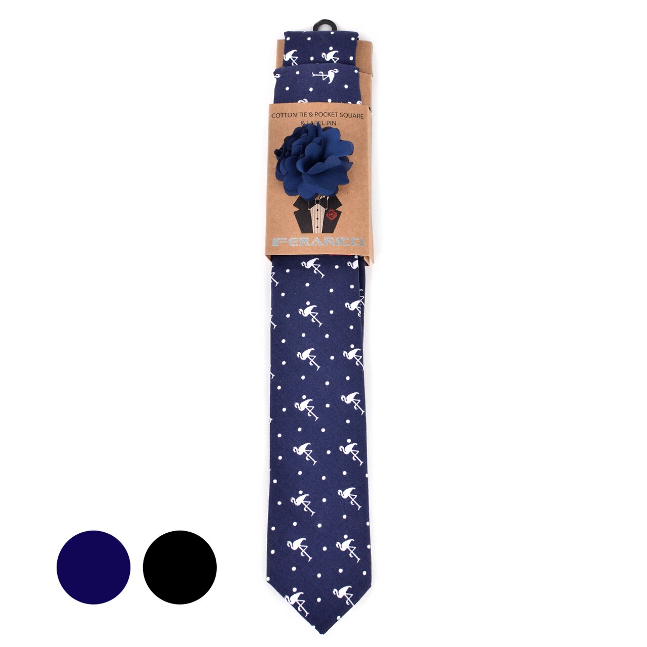 Men's Flamingo Print Cotton Skinny Tie w/ Handkerchief and Flower Lapel Pin