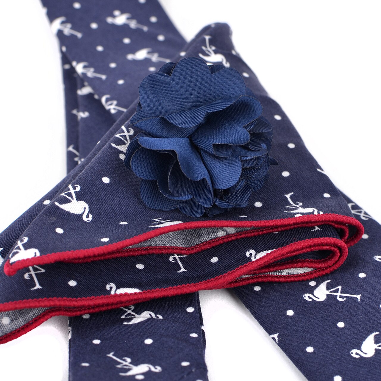 Men's Flamingo Print Cotton Skinny Tie w/ Handkerchief and Flower Lapel Pin